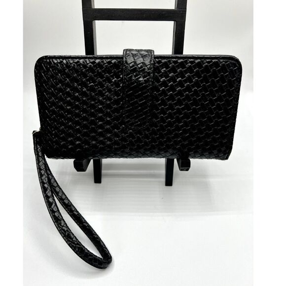 Zip Wallet Wristlet Black Woven Leather Checkbook Multiple Pockets and Slots - Picture 8 of 8